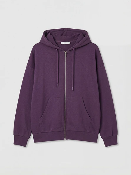 LCWAIKIKI Basic Mor Kapüşonlu Oversize Kadın Fermuarlı Sweatshirt - Resim 5