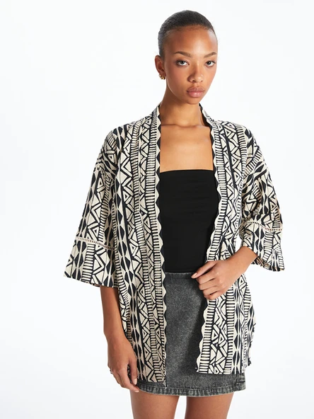 LCW Vision Siyah Şal Yaka Oversize Müslin Kadın Kimono ürün görseli 1