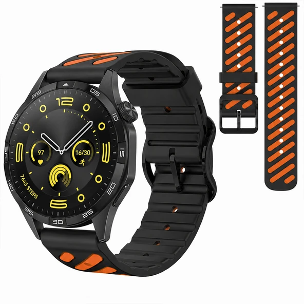 Huawei Watch GT 4 46 mm Uyumlu Çift Renkli Delikli Silikon Spor Kordon  Siyah ürün görseli 1