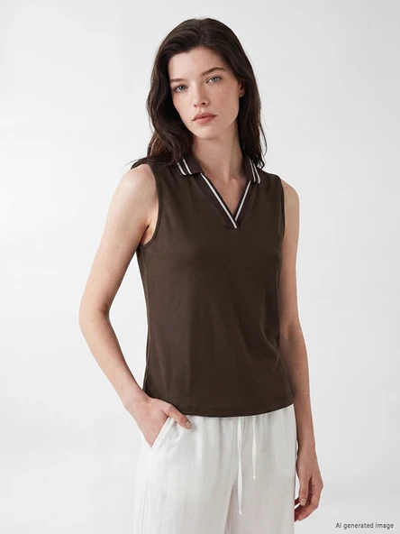 LCW Comfort Kahverengi Polo Yaka Soft Touch Kadın Atlet ürün görseli 1