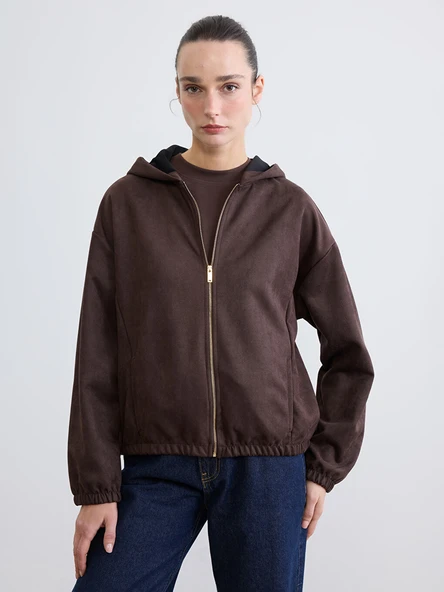 LCWAIKIKI Classic Kahverengi Kapüşonlu Kadın Fermuarlı Sweatshirt ürün görseli 1