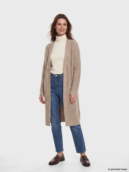 LCW Modest Bej Şal Yaka Oversize Kadın Triko Hırka ürün görseli 1