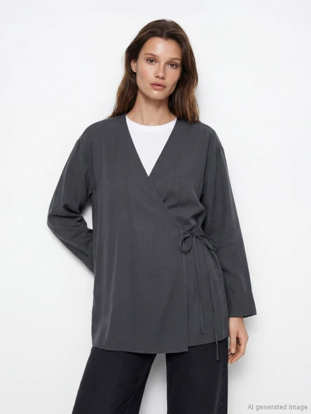 LCW Modest Gri Kruvaze Yaka Dokulu Modal Karışımlı Kadın Kimono ürün görseli 1