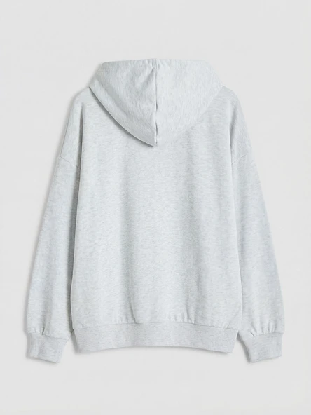 LCWAIKIKI Basic Beyaz Kapüşonlu Oversize Kadın Fermuarlı Sweatshirt - Resim 6