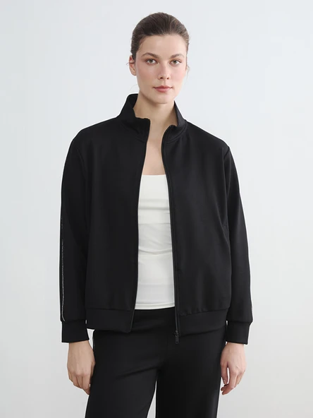 LCWAIKIKI Classic Siyah Dik Yaka Şerit Detaylı Kadın Fermuarlı Sweatshirt ürün görseli 1