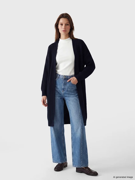 LCW Modest Lacivert Şal Yaka Oversize Kadın Triko Hırka ürün görseli 1