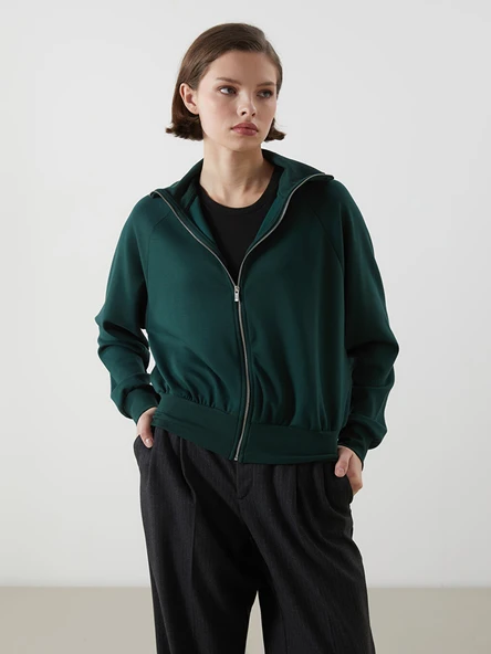 LCWAIKIKI Classic Yeşil Dik Yaka Oversize Kadın Fermuarlı Sweatshirt ürün görseli 1