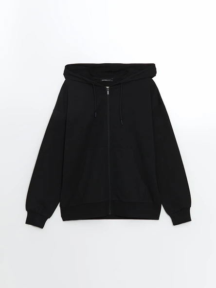 LCWAIKIKI Basic Siyah Kapüşonlu Oversize Kadın Fermuarlı Sweatshirt - Resim 5