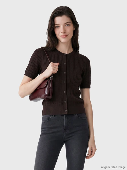 LCW Comfort Kahverengi Bisiklet Yaka Saç Örgüsü Desenli Kadın Triko Hırka ürün görseli 1