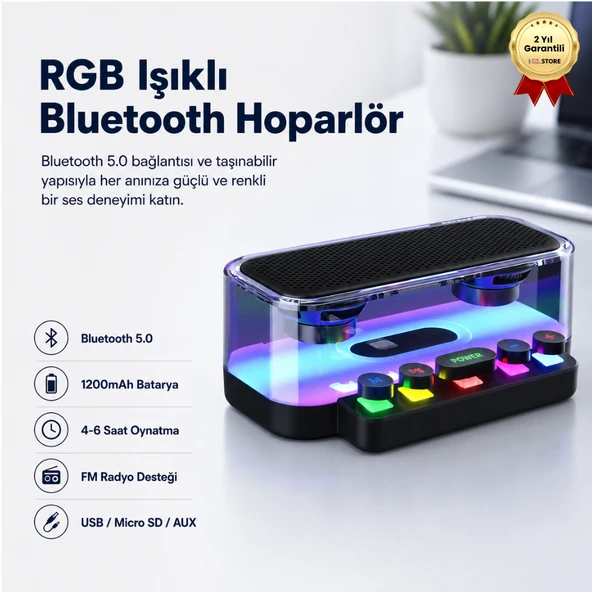 RGB Işıklı Bluetooth Hoparlör 1200mAh FM Radyolu Taşınabilir Kablosuz Speaker ürün görseli 1