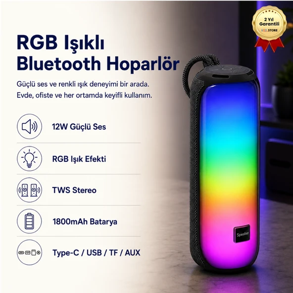 RGB Işıklı TWS Bluetooth Hoparlör 1800mAh Type-C Şarjlı Taşınabilir Speaker ürün görseli 1