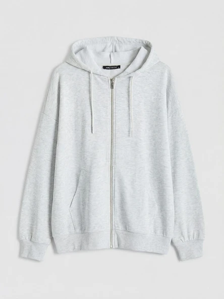 LCWAIKIKI Basic Beyaz Kapüşonlu Oversize Kadın Fermuarlı Sweatshirt - Resim 5