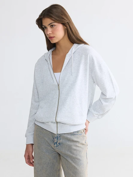 LCWAIKIKI Basic Beyaz Kapüşonlu Oversize Kadın Fermuarlı Sweatshirt ürün görseli 1