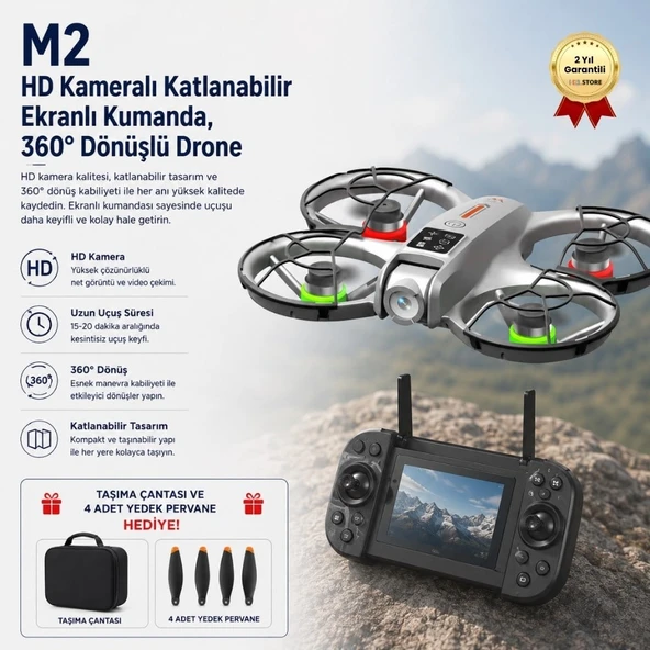 M2 HD Kameralı Katlanabilir  Ekranlı Kumanda, Wi-Fi Görüntü Aktarımı ve 360° Dönüşlü Taşınabilir Kompakt Drone ürün görseli 1
