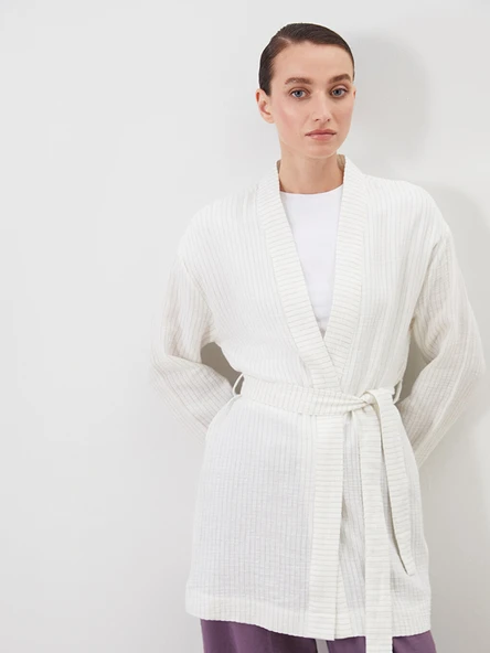 LCW Modest Ekru Şal Yaka Çizgili Müslin Kadın Kimono ürün görseli 1