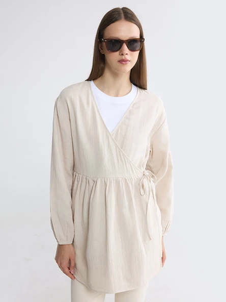 LCW Modest Gri Kruvaze Yaka Dokulu Kadın Kimono ürün görseli 1