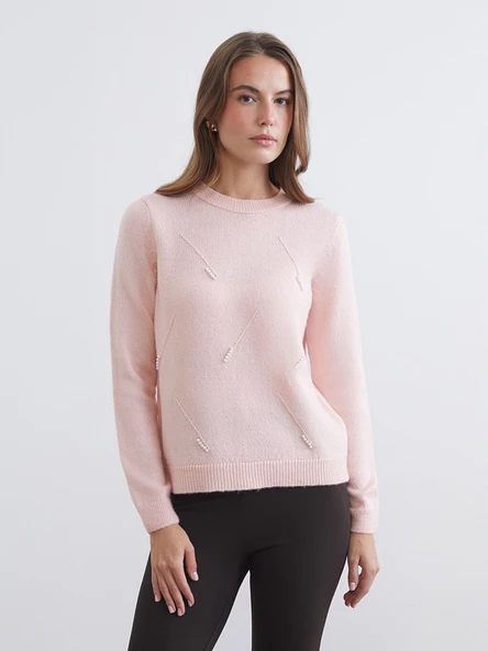 LCW Comfort Pembe Bisiklet Yaka İnci İşlemeli Kadın Triko Kazak ürün görseli 1