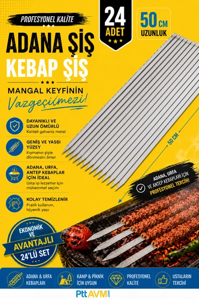 24 ADET KEBAP ŞİŞİ 50 Cm Şiş Galvaniz Paslanmaz Şiş "24 ADETTİR" ürün görseli 1
