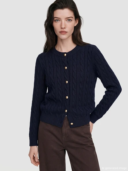 LCW Comfort Lacivert Bisiklet Yaka Desenli Kadın Triko Hırka ürün görseli 1