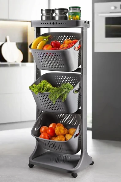 Titiz Plastik Leon Life Tekerlekli Geniş Raf 4 Katlı Mutfak Rafı (SİYAH) ürün görseli 1
