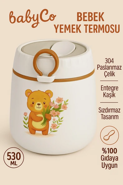 BabyCo Sevimli Ayıcık Tasarımlı Bebek Yemek Termosu – Sızdırmaz, Kaşıklı, 530 ML (6 Ay+) ürün görseli 1