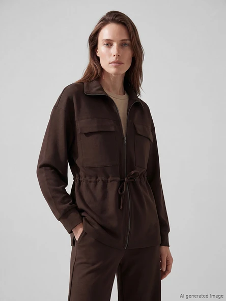 LCW Modest Kahverengi Dik Yaka Soft Touch Kadın Fermuarlı Sweatshirt ürün görseli 1