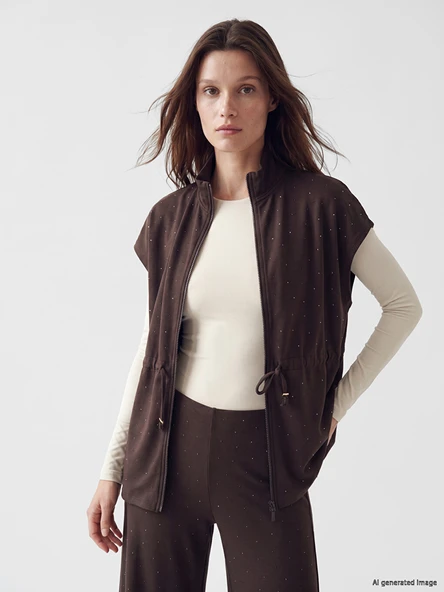 LCW Modest Kahverengi Dik Yaka Taşlı Soft Touch Kadın Yelek ürün görseli 1