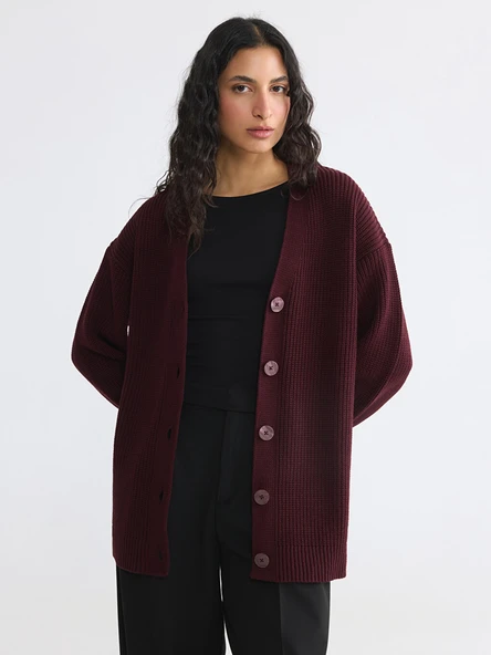 LCW Modest Bordo V Yaka Kadın Triko Hırka ürün görseli 1