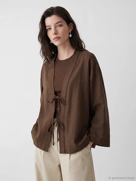 LCW Comfort Kahverengi V Yaka Kadın Kimono ürün görseli 1