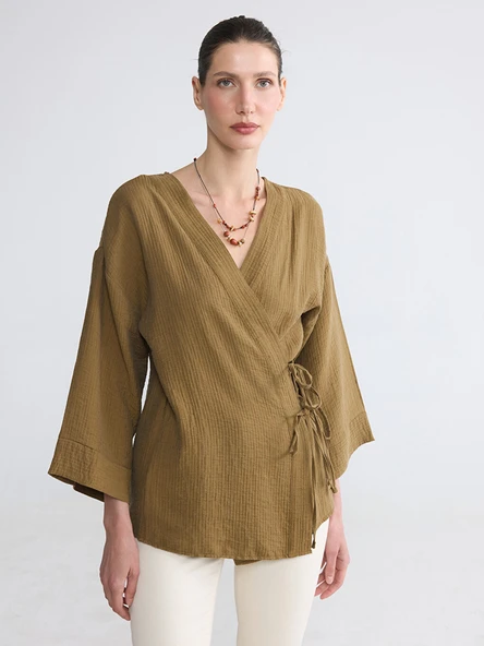 LCW EVERYDAY Yeşil Kruvaze Yaka Müslin Oversize Kadın Kimono ürün görseli 1