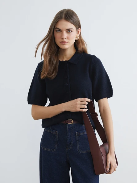 LCW EVERYDAY Lacivert Polo Yaka Kadın Triko Hırka ürün görseli 1
