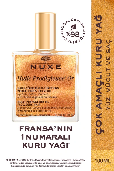 Nuxe Huile Prodigieuse OR Altın Parıltılı Yüz Vücut Saçlar İçin Çok Amaçlı Kuru Yağ 100 ml ürün görseli 1