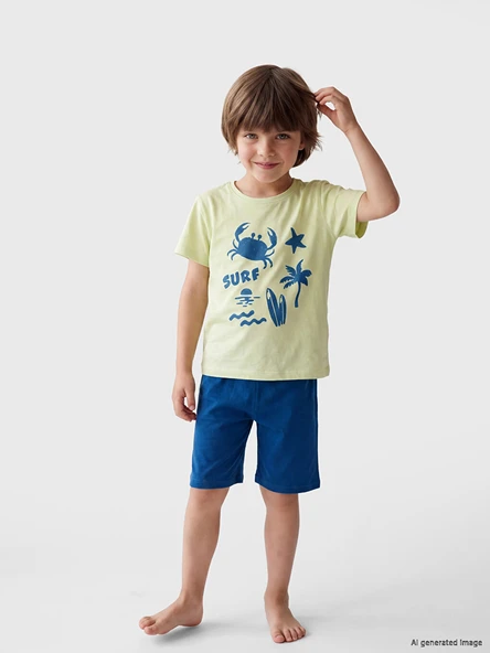 LCW Kids Yeşil Baskılı Erkek Çocuk Şortlu Pijama Takımı ürün görseli 1