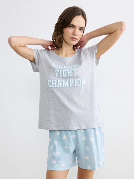 LCW DREAM Mavi Bisiklet Yaka Baskılı Kadın Şortlu Pijama Takımı ürün görseli 1