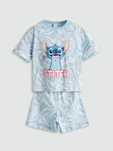 LCW Kids Beyaz Bisiklet Yaka Stitch Baskılı Kız Çocuk Şortlu Pijama Takımı ürün görseli 1