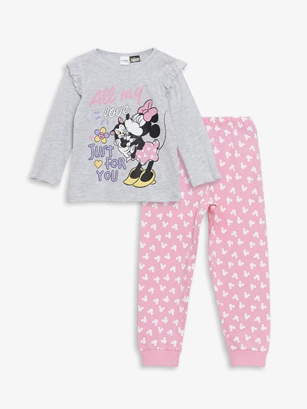 LCW Kids Gri Bisiklet Yaka Minnie Mouse Baskılı Kız Çocuk Pijama Takımı ürün görseli 1