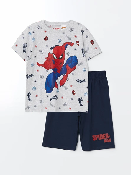 LCW Kids Gri Bisiklet Yaka Spider-Man Baskılı Erkek Çocuk Şortlu Pijama Takımı ürün görseli 1