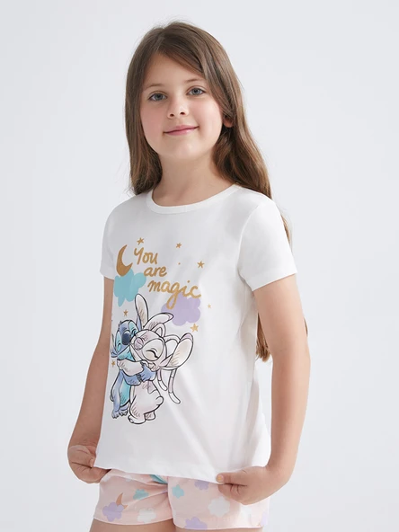LCW Kids Ekru Lilo & Stitch Baskılı Kız Çocuk Şortlu Pijama Takımı ürün görseli 1
