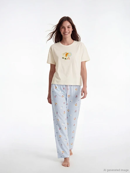 LCW DREAM Ekru Bisiklet Yaka Desenli Kadın Pijama Takım ürün görseli 1