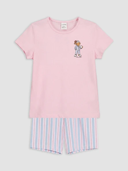 LCW Kids Pembe Bisiklet Yaka Kız Çocuk Şortlu Pijama Takımı ürün görseli 1