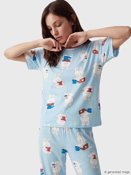 LCW Young Mavi Bisiklet Yaka Baskılı Kadın Pijama Takımı ürün görseli 1