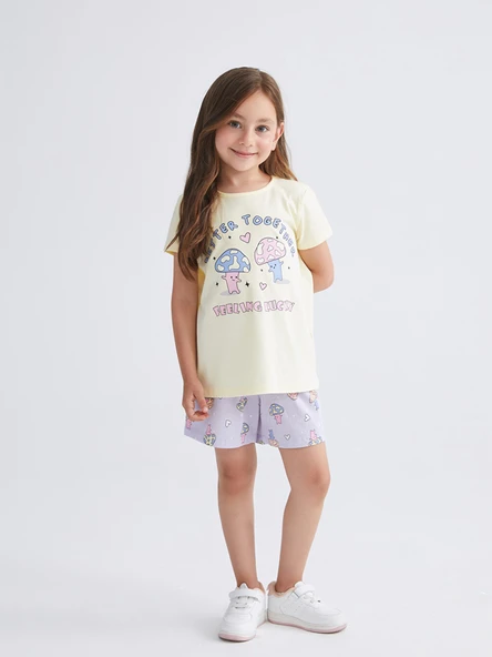 LCW Kids Sarı Baskılı Kız Çocuk Şortlu Pijama Takımı ürün görseli 1