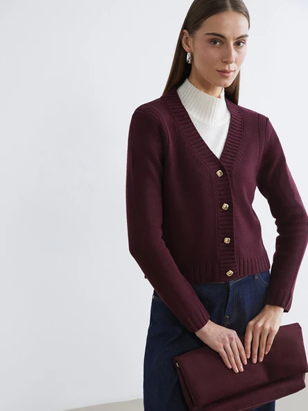LCW Comfort Bordo V Yaka Kendinden Desenli Kadın Triko Hırka ürün görseli 1