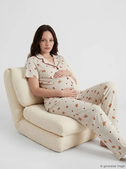LCW DREAM Bej Gömlek Yaka Hamile Pijama Takımı ürün görseli 1