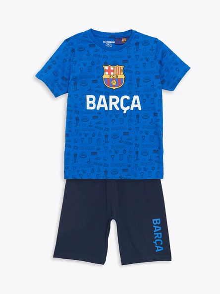 LCW Kids Mavi Bisiklet Yaka Barcelona Baskılı Erkek Çocuk Şortlu Pijama Takımı ürün görseli 1