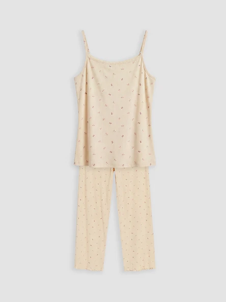 LCW DREAM Bej U Yaka Çiçekli Kadın Pijama Takım ürün görseli 1