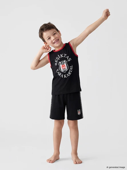LCW Kids Siyah Beşiktaş Baskılı Erkek Çocuk Şortlu Pijama Takımı ürün görseli 1