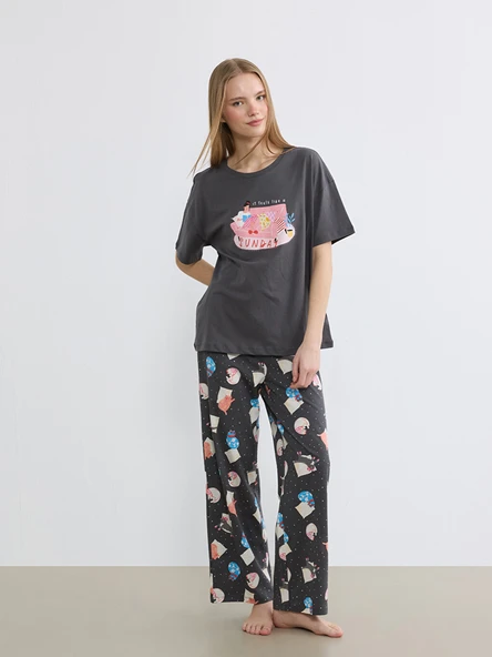 LCW Young Gri Bisiklet Yaka Baskılı Kadın Pijama Takım ürün görseli 1