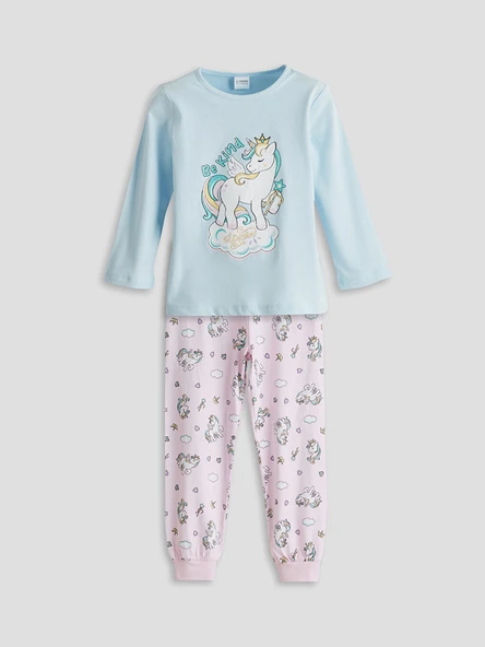 LCW Kids Mavi Bisiklet Yaka Baskılı Kız Çocuk Pijama Takımı ürün görseli 1