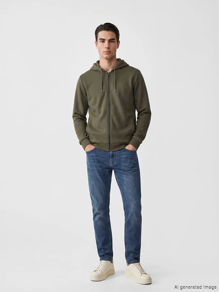 LCWAIKIKI Basic Haki Erkek Fermuarlı Sweatshirt - Resim 2